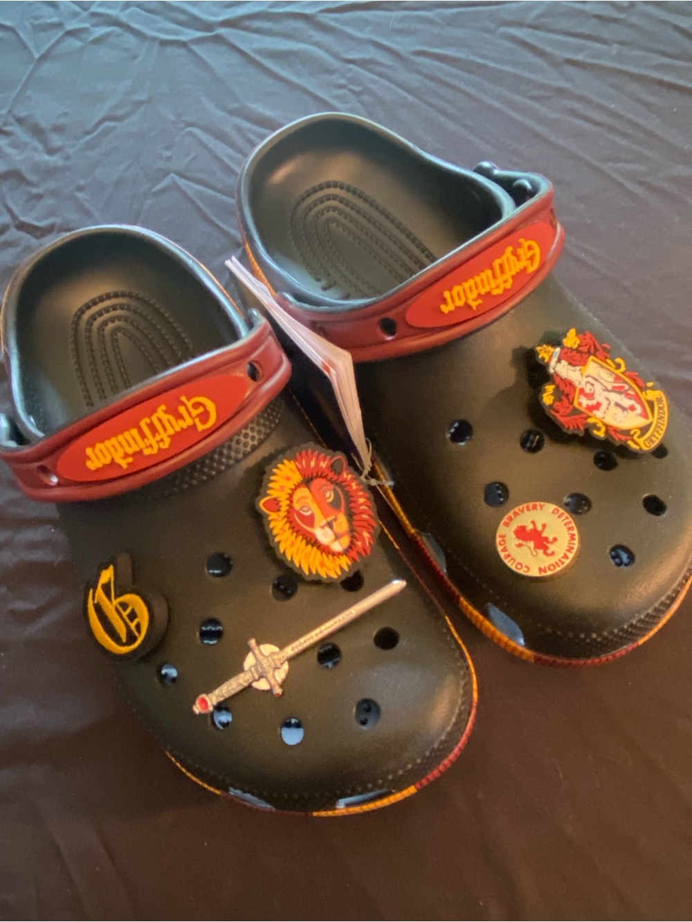 CROCS Black Sandals with Maroon Straps and Gryffindor Charms